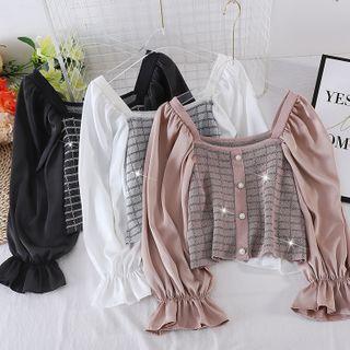Square-neck Puff-sleeve Lattice Knit Top