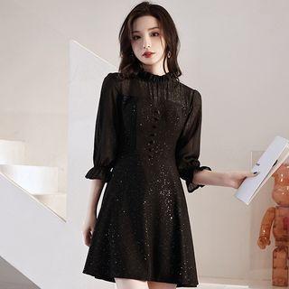 3/4-sleeve Glitter A-line Evening Dress