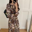 Long-sleeve Floral Print Midi A-line Dress Floral Print - Beige - One Size