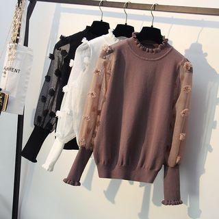 Mock-neck Flower Applique Long-sleeve Knit Top