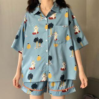 Set: Print Short-sleeve Shirt + Shorts Blue - One Size