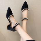 Faux Pearl Pointy-toe Ankle-strap Chunky-heel Pumps