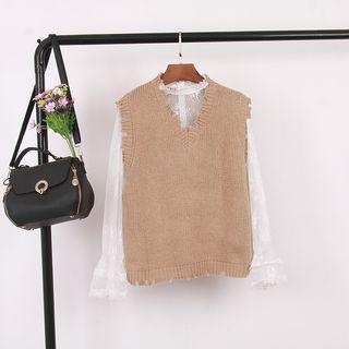 Distressed Knit Vest Khaki - One Size