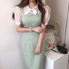 Set: Tie Neck Short-sleeve Top + Midi Jumper Dress