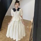 Puff-sleeve Collared Blouse / Shirred Midi A-line Skirt