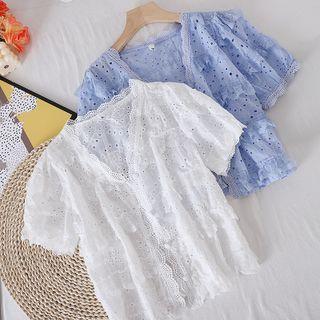 V-neck Lace Cutout Short-sleeve Top
