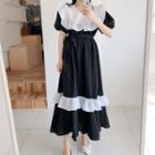 Short-sleeve Two Tone A-line Dress Black & White - One Size