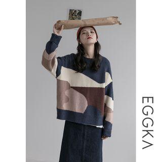 Color Panel Sweater Blue Black - One Size