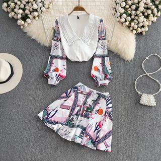 Set: Long Sleeve Printed Shirt + Pleated Mini Skirt