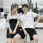 Couple Matching Dotted Off-shoulder A-line Dress / Short-sleeve Lettering T-shirt / Plain Shorts / Set