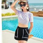 Set: Striped Short-sleeve Bikini Top + Swim Shorts