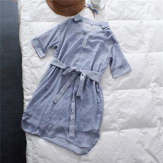 Set: Elbow-sleeve Chiffon Shirtdress + Slipdress Gray - L