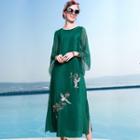 Crane Embroidered 3/4-sleeve Midi Dress