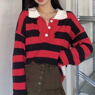 Striped Ruffled Polo Sweater