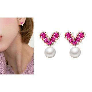 925 Sterling Silver Faux Pearl Stud Earring 1 Pair - Love Heart - One Size