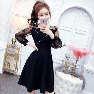 Long-sleeve Embellished Mesh A-line Mini Dress