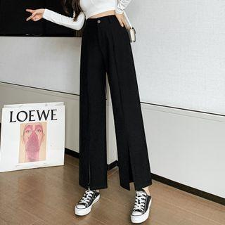 High-waist Plain Slit Hem Straight Leg Pants