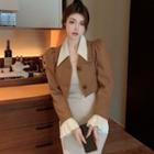 Contrast Trim Cropped Button-up Jacket / Spaghetti Strap Midi Sheath Dress