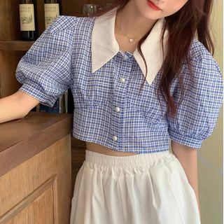 Puff Sleeve Cropped Plaid Blouse