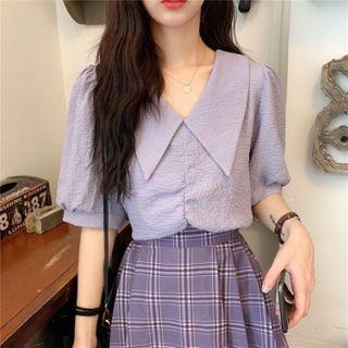 Lapel Short-sleeve Plain Blouse