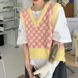 V-neck Checkerboard Sweater Vest Yellow - One Size