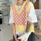 V-neck Checkerboard Sweater Vest Yellow - One Size