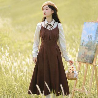 Tie-neck Shirt / Midi A-line Overall Dress / Set