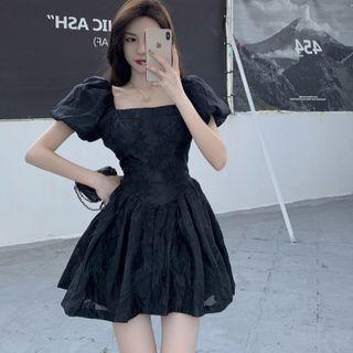 Square-neck Plain Floral A-line Mini Dress
