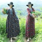 Long-sleeve Flower Print A-line Maxi Dress