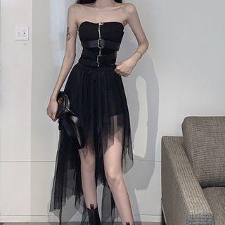 Zip Up Tube Top / Mesh A-line Skirt