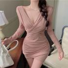 Long-sleeve Deep V Cross Strap Mini Dress