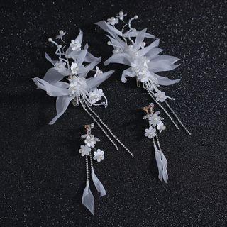 Wedding Flower Faux Pearl Fringed Earring / Hair Clip White - One Size