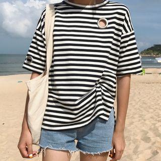Eyelet Detail Striped Short Sleeve T-shirt