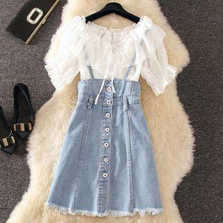 Set: Short-sleeve Top + Denim Suspender Skirt