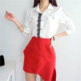 Epaulet Lettering Lace-trim Shirt