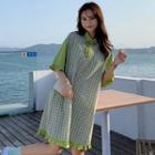 Plaid Elbow-sleeve Polo Shirt Dress As Shown In Figure - One Size