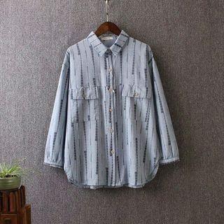 Patterned Long-sleeve Linen Cotton Blouse
