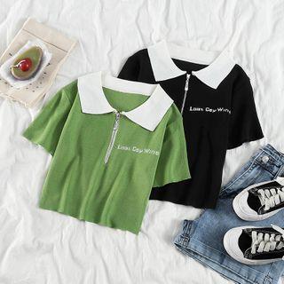 Short-sleeve Lettering Half-zip Polo Knit Top