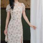 Puff-sleeve Floral Print Midi Slit Bodycon Dress