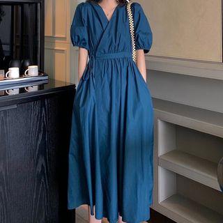 V-neck Puff-sleeve Midi A-line Dress Peacock Blue - One Size