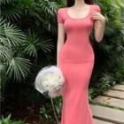 Short-sleeve Scoop-neck Midi Mermaid Dress Pink - One Size