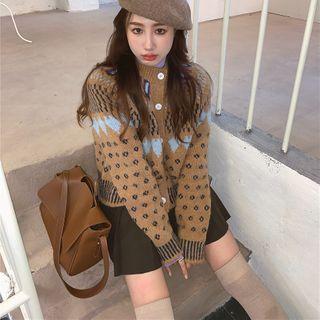 Long-sleeve Turtleneck Top / Pattern Cardigan / Mini A-line Skirt