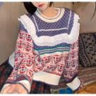 Long-sleeve Ruffle-trim Printed Knit Sweater As Shown In Figure - One Size