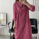 Long-sleeve Polo-collar Plain Shirtdress