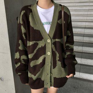 V-neck Camo Cardigan As Shown In Figure - One Size