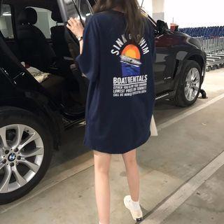 Elbow Sleeve Printed Oversize T-shirt Navy Blue - One Size