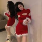 Set: Short-sleeve Cutout Fluffy Trim Bodycon Dress + Arm Sleeves Red - One Size