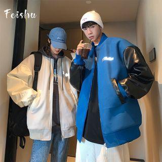 Faux Leather Panel Lettering Zip Baseball Jacket