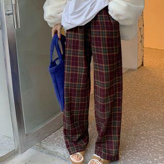 Elastic High-waist Plaid Loose Fit Wide Leg Pants Pants - Plaid - Red - One Size