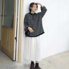 Striped Henley Sweater / Accordion Pleat Midi Skirt